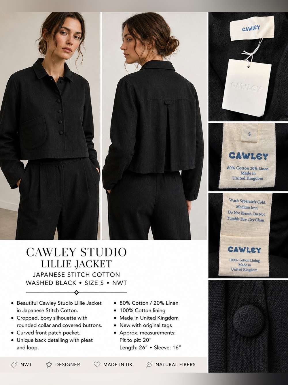 Cawley Studio Lillie Jacket Japanese Stitch Cotton Washed Black NWT S